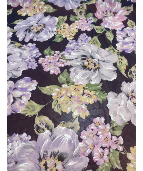 Czarna tkanina szyfon z wzorem - pastelowe kwiaty piwonii